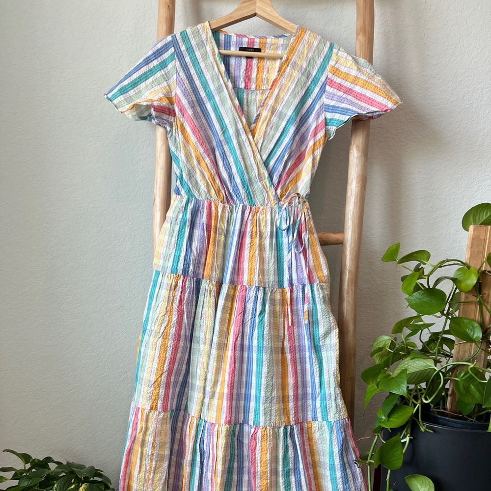 Faux-wrap dress in rainbow gingham